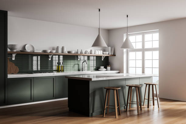 Corner of modern kitchen with white and green walls, wooden floor, green cupboards and bar. 3d rendering